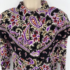 Vintage Eva Paisley Western Yoke Button Down Shirt Purple Black Rayon USA 9/10